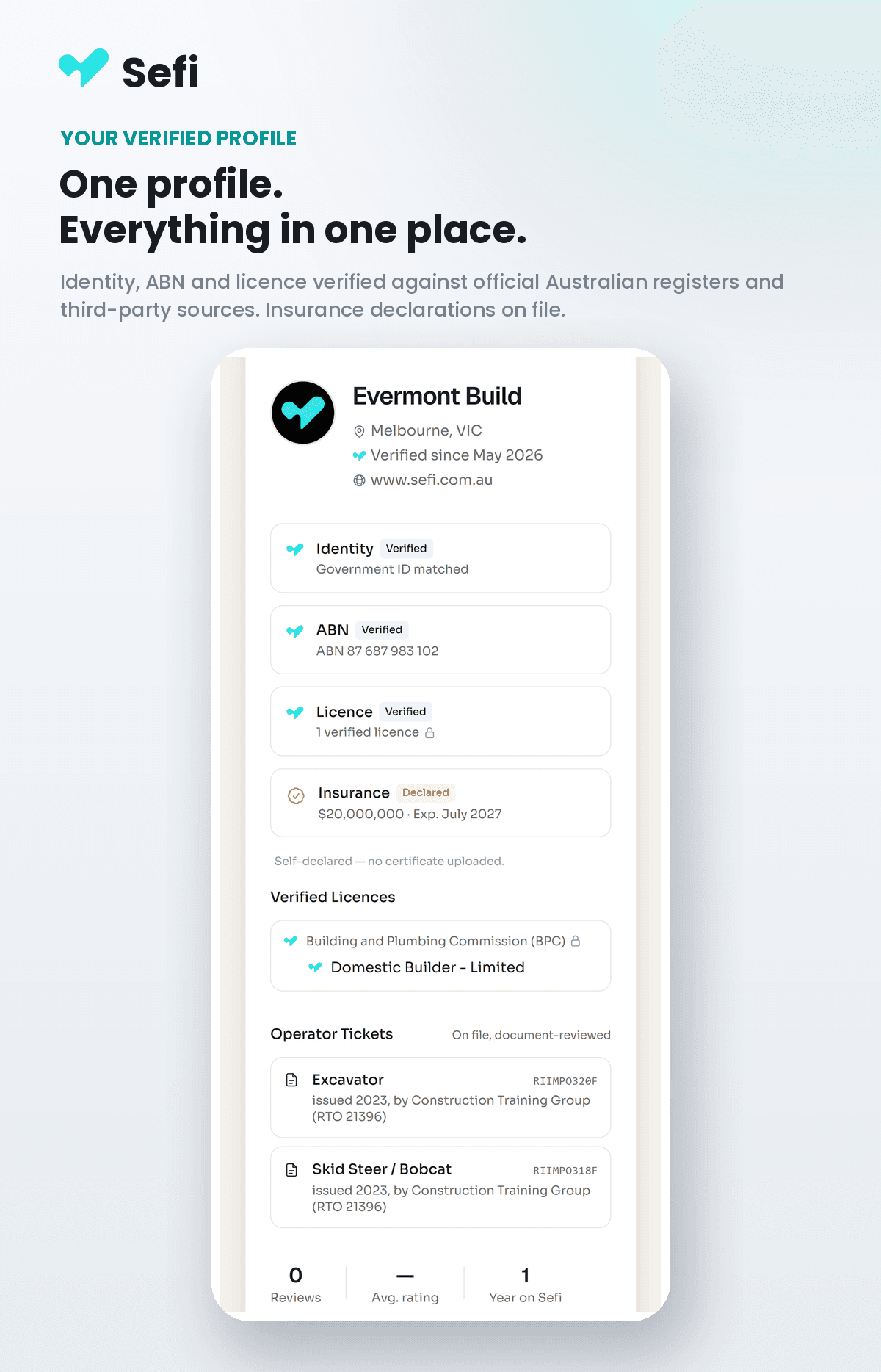 Sefi verified tradie profile page showing identity, ABN, licence and insurance checks