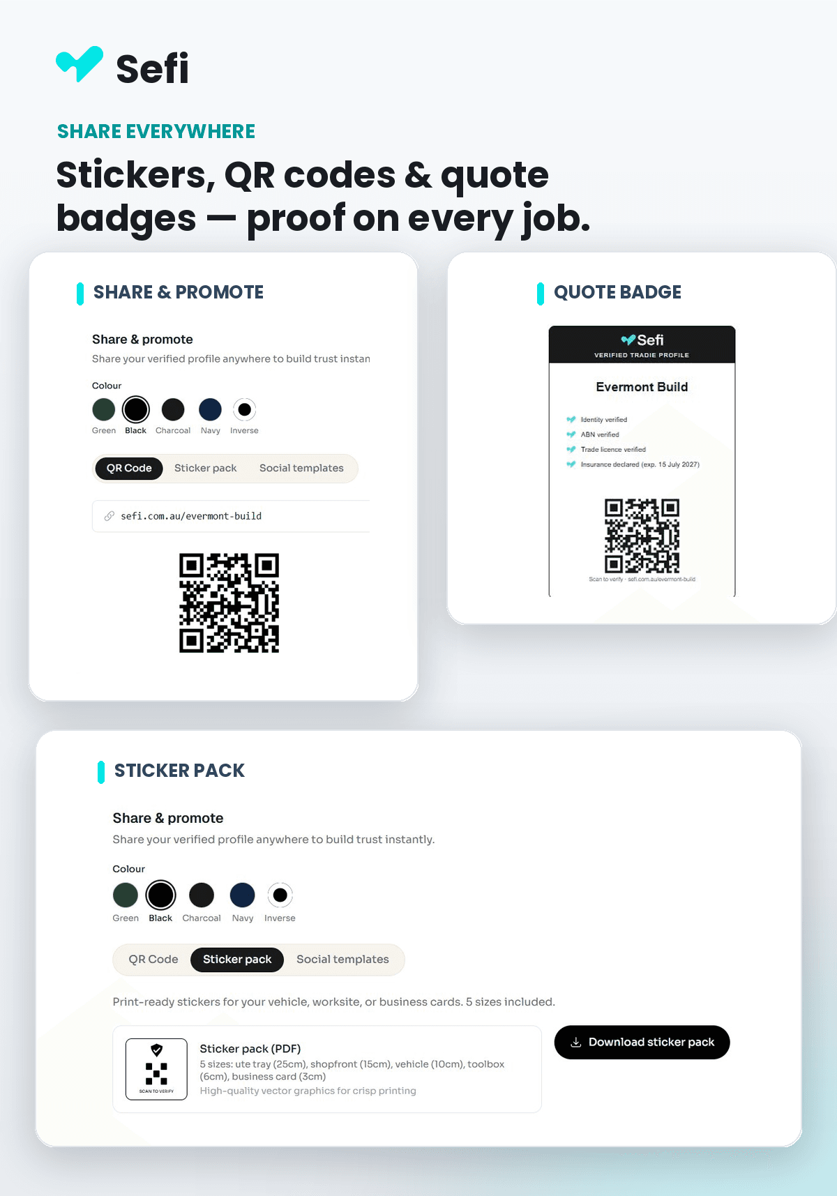 Sefi sharing tools — ute sticker pack, QR code, email quote badge and social templates